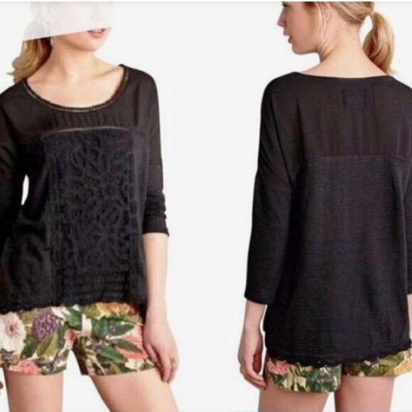Anthropologie Meadow Rue EUC Tayrona charcoal grey lace boho prairie blouse S - Picture 1 of 5